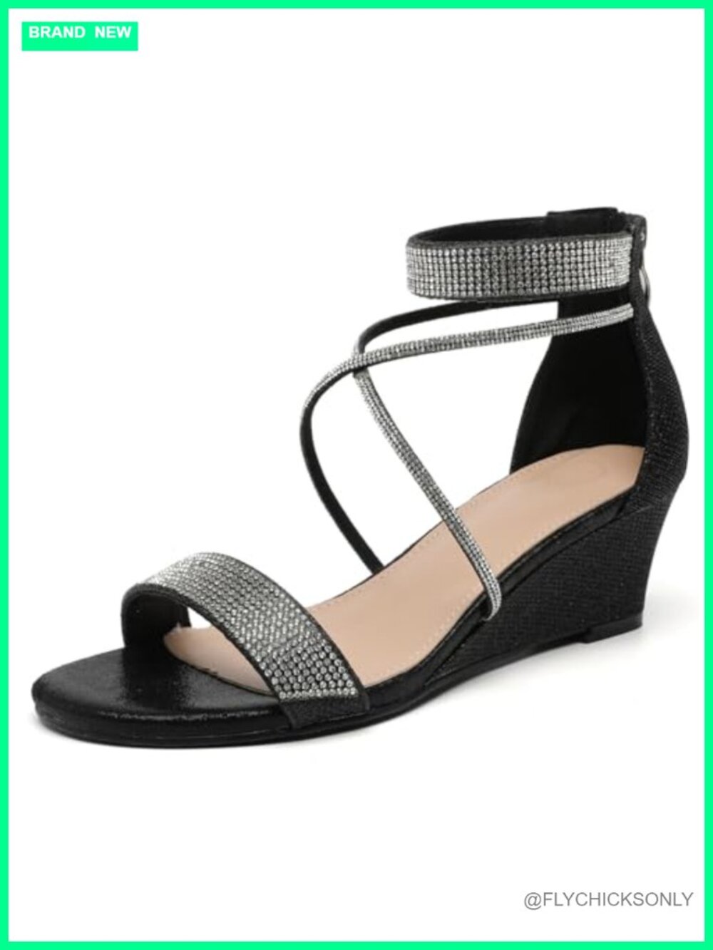 Women's Open Toe Glitter Rhinestone Wedge Sandals Ankle Strap Dress Shoes